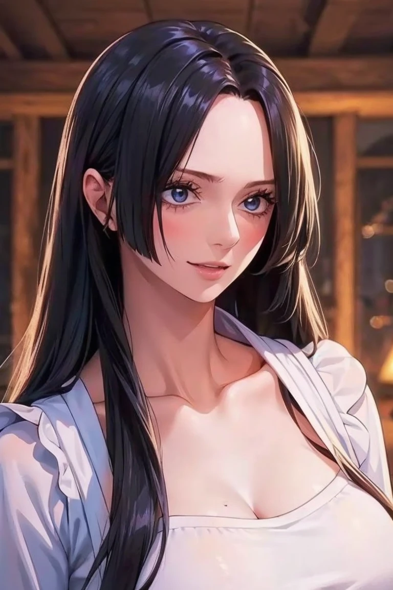 (((masterpiece))), (((best quality))), ((ultra-detailed)), (highly detailed CG illustration), Boa Hancock, (nsfw:1.4), (masterpiece:1.5), Detailed Photo, Smiling, Sexy, (Best Quality: 1.4), (1girl), Beautiful Face, (Black Hair, long Hair: 1.3), Beautiful Hairstyle,  beautiful detail eyes, (realistic skin), beautiful skin, absurd, attractive, ultra high resolution, high definition, (sexually aroused:1.5), Pinkish white skin, cool white light, sexy pose, Beautiful , white background, pink soft white light, Wear a white tank top,