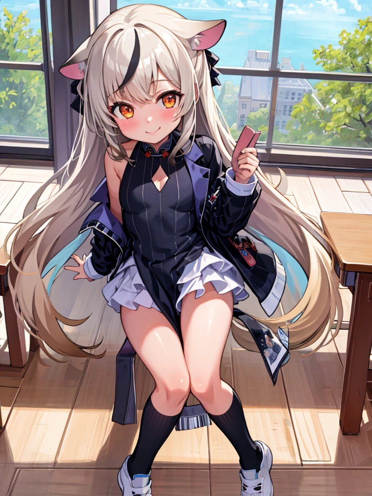 Masterpiece, best quality, official art, extremely detailed CG Unity 8k wallpaper, incredibly_absurdres, huge_filesize, art book, light, solo, , purple headband, blunt bangs, medium hair, platinum blonde hair, double tails, cute face, look at the audience, laugh, pink eyes, glowing eyes, medium breasts, school uniform, pleated_skirt, cross laced_footwear, Black pantyhose, watch, necklace, wariza / w-sitting, detailed eyes, beautiful eyes