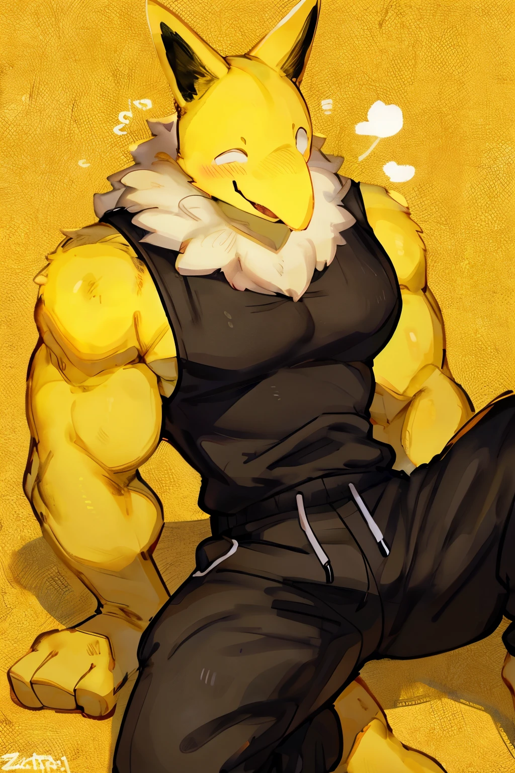 Furry, Anthro, solo, Hypno, Male, (((muscular body, massive male pectorals, wide-eyed, yellow skin, fluffy neck, wearing white fur around neck))), ((((massive biceps, head tilted, laying on back)))), ((((((massive bulky torso, happy, wearing black full male tanktop, wearing black sweatpants, barefoot)))))), full body, black/yellow spraypainted background, by buta99, by zackary911, by bebebebebe, (((digital painting)))