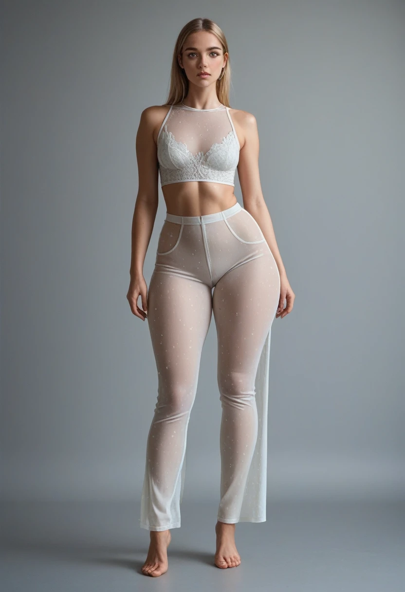 a sexy mature woman in a May with a high back and a long sleeve, white transparent organza swimsuit, skin-tight jumpsuit in transparent organza, May, May, transparent organza body, full body view, full body distant view, photo by full body, high-end jumpsuit, centered full body rear shot,sexy mature woman,short gray hair,60 years