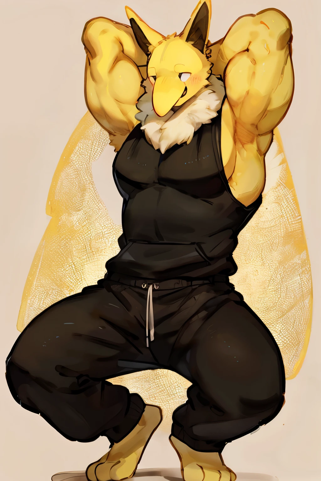 Furry, Anthro, solo, Hypno, Male, (((muscular body, massive male pectorals, wide-eyed, yellow skin, fluffy neck, wearing white fur around neck))), ((((massive biceps, head tilted, laying on back, hands behind head)))), ((((((massive bulky torso, happy, wearing black full male tanktop, wearing black sweatpants, barefoot)))))), full body, black/yellow spraypainted background, by buta99, by zackary911, by bebebebebe, (((digital painting)))