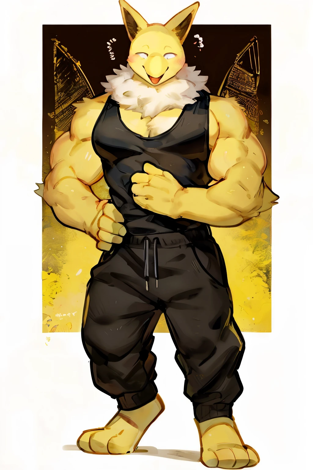 Furry, Anthro, solo, Hypno, Male, (((muscular body, massive male pectorals, wide-eyed, yellow skin, fluffy neck, wearing white fur around neck))), ((((massive biceps, head tilted, laughing, hands on chest)))), ((((((massive bulky torso, happy, wearing black full male tanktop, wearing black sweatpants, barefoot)))))), full body, black/yellow spraypainted background, by buta99, by zackary911, by bebebebebe, (((digital painting)))