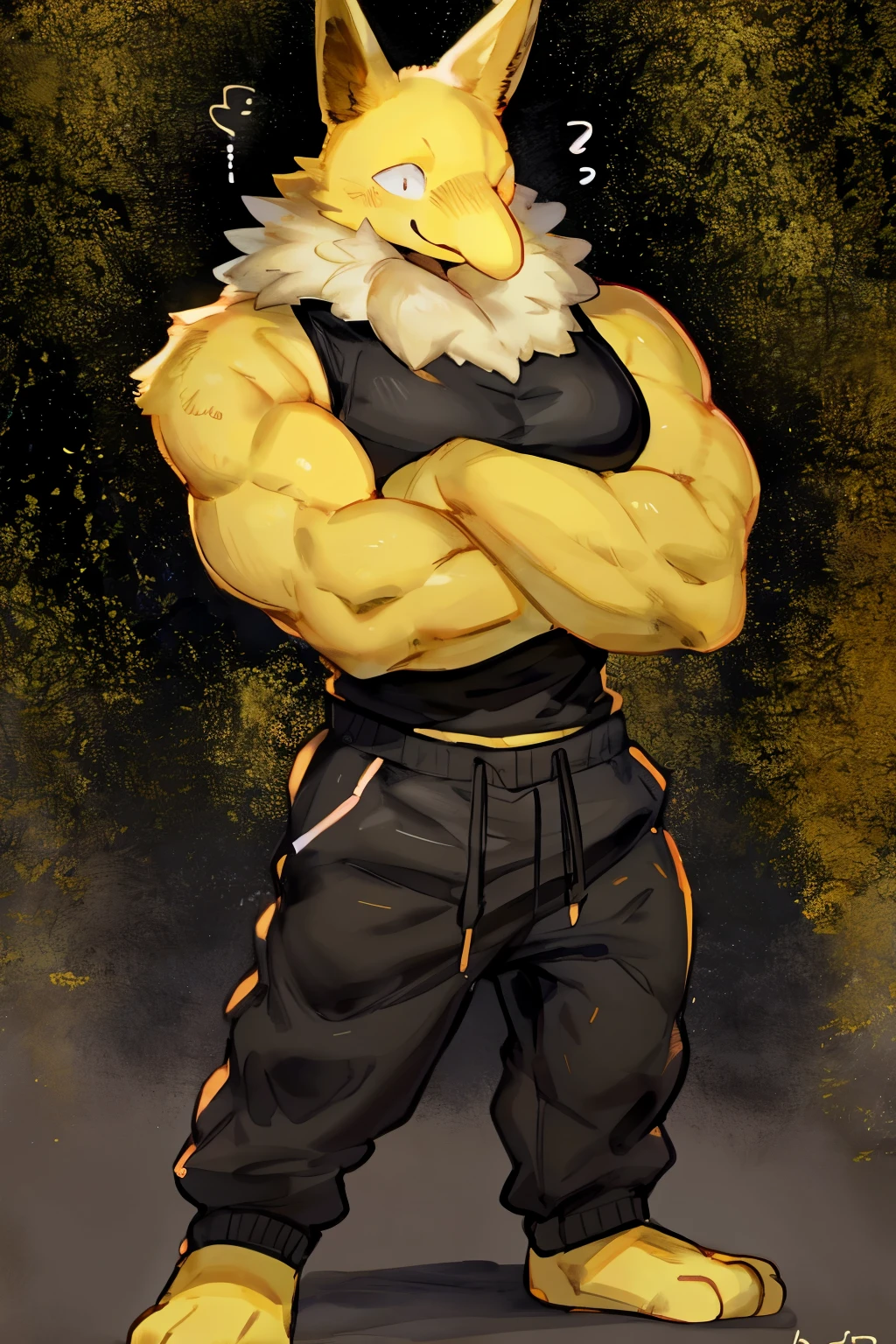 Furry, Anthro, solo, Hypno, Male, (((muscular body, massive male pectorals, wide-eyed, yellow skin, fluffy neck, wearing white fur around neck))), ((((massive biceps, head tilted, crossed arms)))), ((((((massive bulky torso, happy, wearing black full male tanktop, wearing black sweatpants, barefoot)))))), full body, black/yellow spraypainted background, by buta99, by zackary911, by bebebebebe, (((digital painting)))