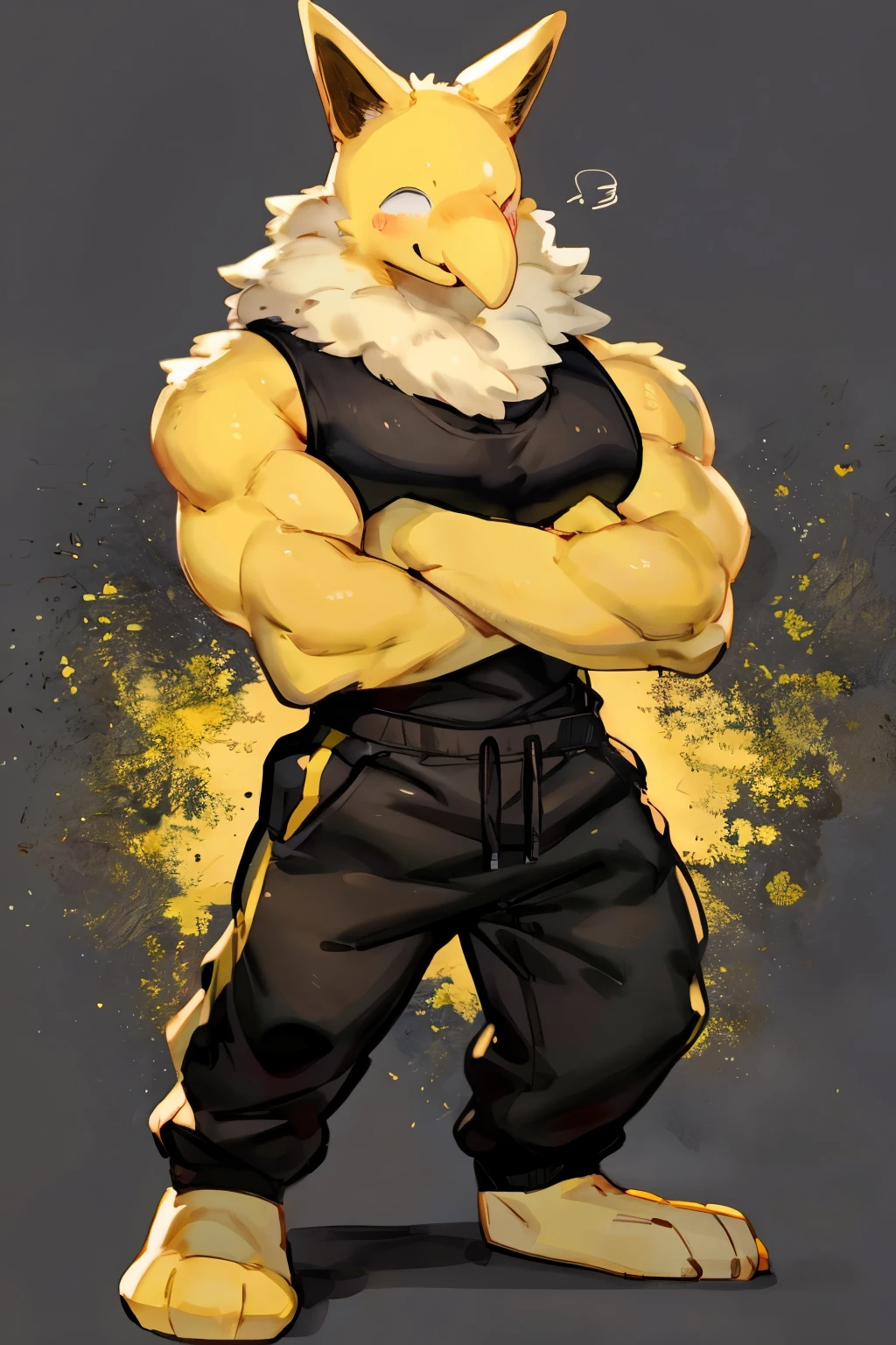 Furry, Anthro, solo, Hypno, Male, (((muscular body, massive male pectorals, wide-eyed, yellow skin, fluffy neck, wearing white fur around neck))), ((((massive biceps, head tilted, crossed arms)))), ((((((massive bulky torso, happy, wearing black full male tanktop, wearing black sweatpants, barefoot)))))), full body, black/yellow spraypainted background, by buta99, by zackary911, by bebebebebe, (((digital painting)))