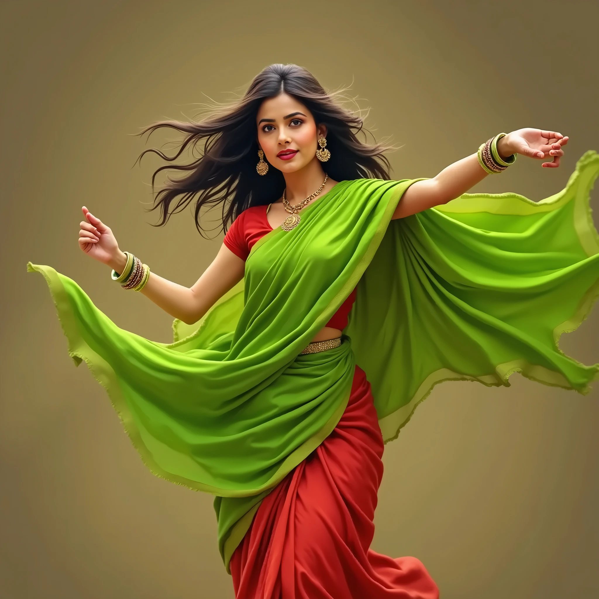 A woman in green churidar with blue shawl tied in her hip with long hair breaking tiles