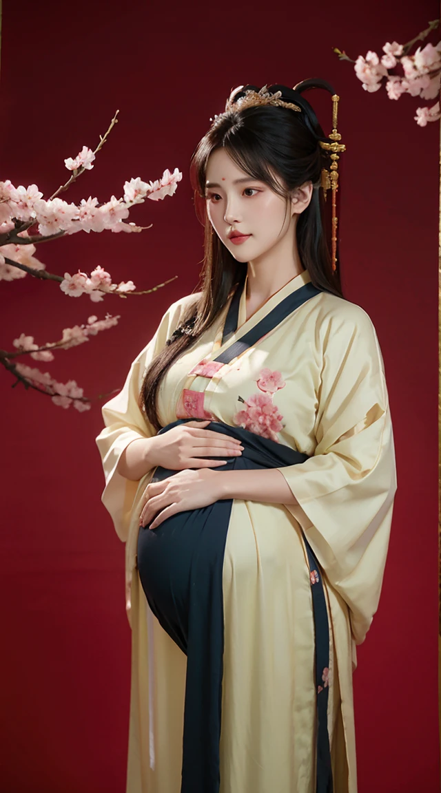 high resolution, 1women, solo, shining skin, jewelry, waist up, black hair, hanfu, taoist robe, cherry blossom((pregnant woman))