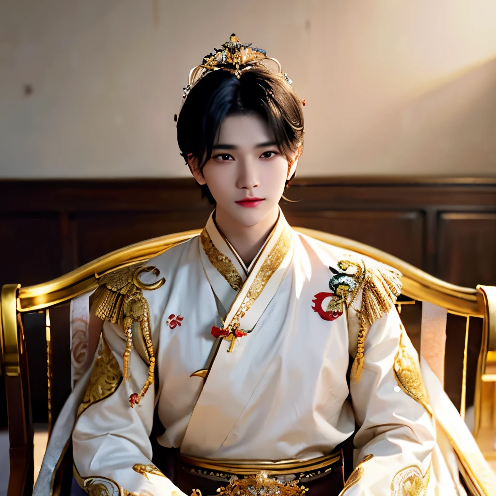 (Perfect details: 1.5, 8K wallpaper, masterpiece, Best quality, ultra detailed) man, emperor, Delicate facial features, Asian face, short black hair, Great hair, tied hair, Golden Silk Embroidered Dragon Mantle, Hanfu, Sitting on the dragon's chair, Hands on head, palace background, ancient golden emperor crown((whole body))((King sitting on a chair))