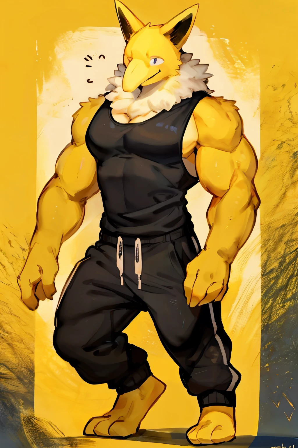 Furry, Anthro, solo, Hypno, Male, (((muscular body, massive thighs, massive male pectorals, fluffy neck, yellow skin, wearing black tanktop, wearing black sweatpants, wearing white sneakers))), ((((massive biceps, hands behind back, full body shot))), ((((((massive bulky torso, wide-eyed, head tilted, facing viewer)))))), meadow, grass, by buta99, by zackary911, by bebebebebe, (((digital painting)))