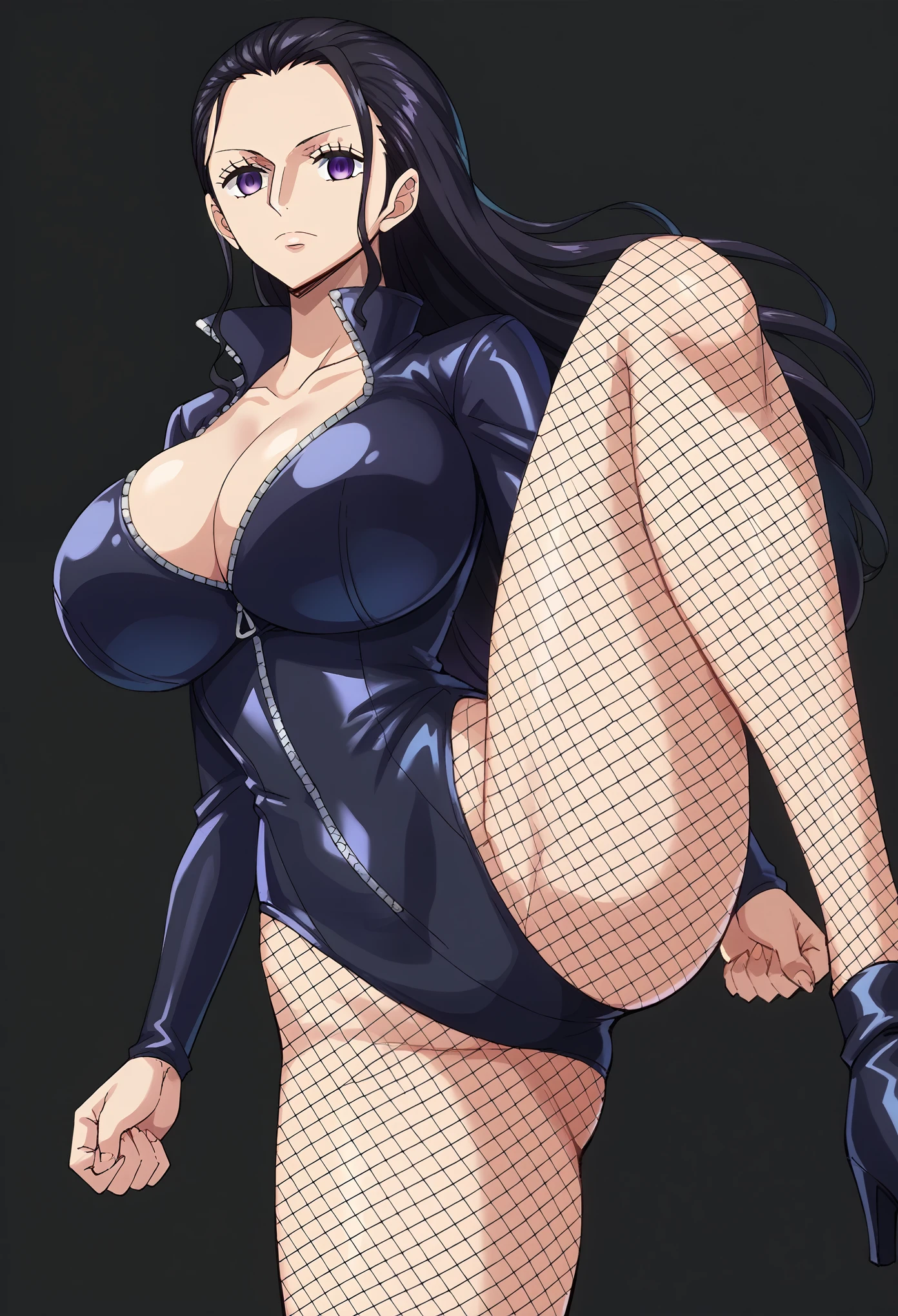 score_9, score_8_up, score_7_up,BREAK source_anime, Nico Robin, black hair, long hair, purple eyes,(glowing eyes 1.5), Huge breasts, (evil depravity), ((empty eyes)),Expressionless,(kicking, kicking at viewer), ((Black latex high leg suit)),Fishnet stockings, black background, simple background,