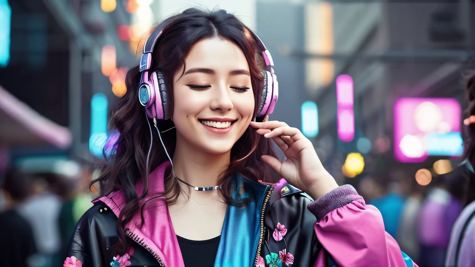 cyberpunk,casual clothes,headphones on,makeup flower,wavy hair, eyes closed, enjoying the music, happy smile, no background