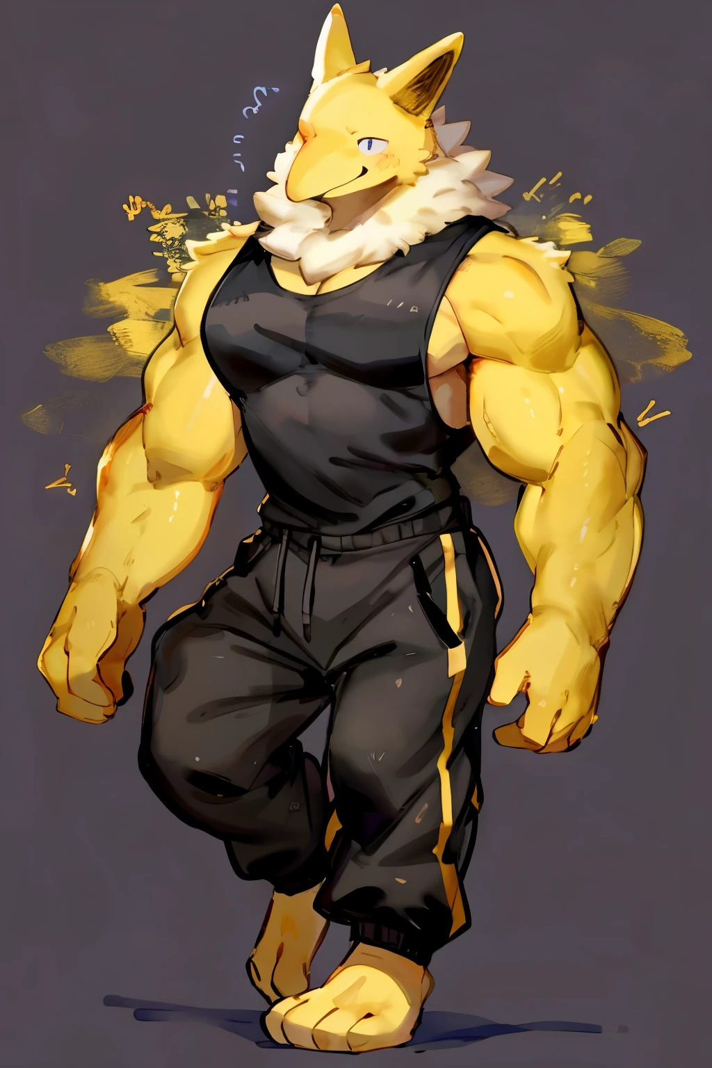 Furry, Anthro, solo, Hypno, Male, (((muscular body, massive male pectorals, wide-eyed, smirking, yellow skin, fluffy neck, wearing white fur around neck))), ((((massive biceps, head tilted, dancing)))), ((((((massive bulky torso, happy, wearing black full male tanktop, wearing black sweatpants, barefoot)))))), upper body, black/yellow spraypainted background, by buta99, by zackary911, by bebebebebe, (((digital painting)))