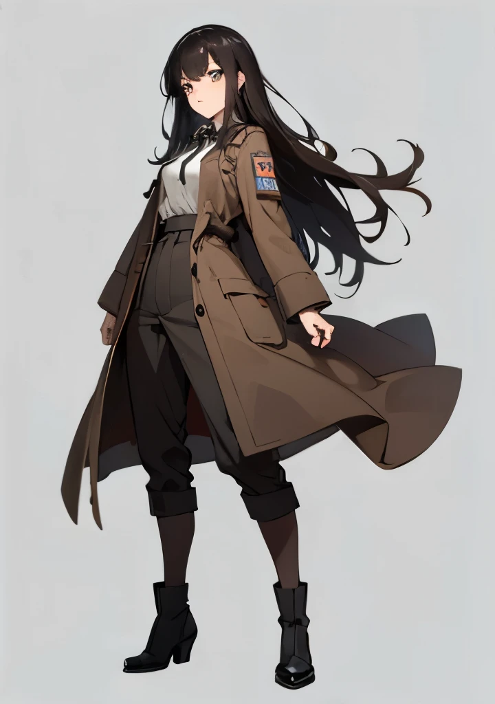 (((Animation style, highest quality, Ultra HD, 8K CG, high resolution))),((Beautiful face: 1.2, Beautiful hands, Perfect hands: 1, Perfect and delicate limbs)),(Full body, Simple background),Black-haired woman wearing a brown coat, female, long hair, solo, brown eyes, blue dress shirt, white ribbon, black slacks, brown coat, black boots