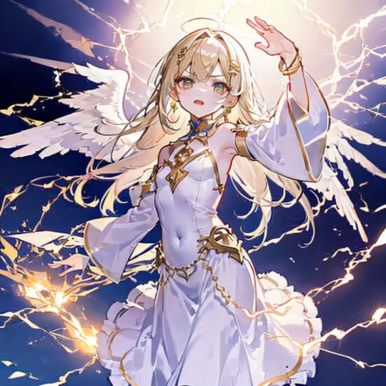 Angel、Golden long hair、White costume、White Wings、Flat chest、Long sleeve、Long skirt、Angelの輪、Gold decoration、Gold Bracelet、clear、A little angry、Raise your hand、Lightning strikes