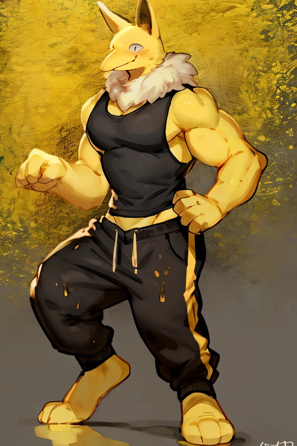 Furry, Anthro, solo, Hypno, Male, (((muscular body, massive male pectorals, wide-eyed, smirking, yellow skin, fluffy neck, wearing white fur around neck))), ((((massive biceps, head tilted, dancing)))), ((((((massive bulky torso, happy, wearing black full male tanktop, wearing black sweatpants, barefoot)))))), upper body, black/yellow spraypainted background, by buta99, by zackary911, by bebebebebe, (((digital painting)))