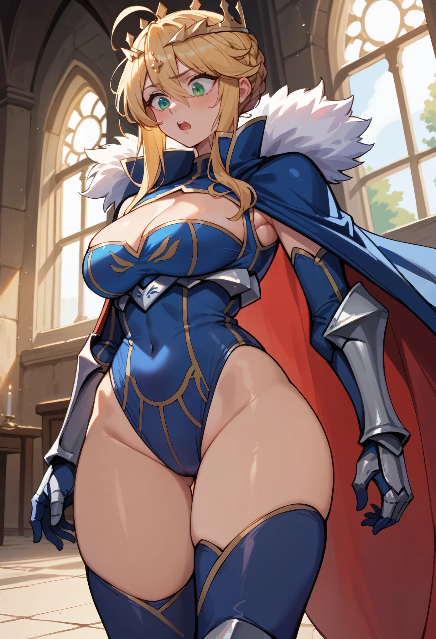 score_9, score_8_up, score_7_up, 1girl, solo, teenager, teen, artoLance, swept bangs, ahoge, blonde hair, green eyes, french braid, short hair, medium breasts, crown, blue leotard, sleeveless, cleavage cutout, elbow gloves, blue gloves, blue thighhighsred cape, fur trim, red cape, long cape, gauntlets, armor, underbust, standing, shocked, shaking, cowboy shot, looking down,  medieval castle, inside a castle,