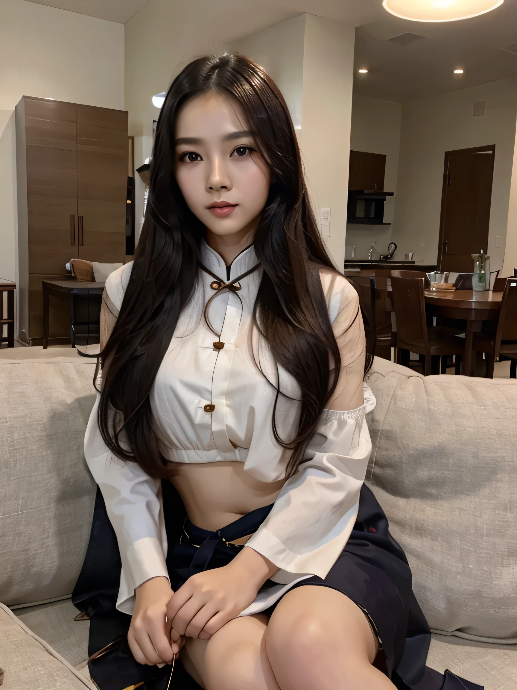 Indonesian face girl, wear skirt, Girl sitting on chair, open crossing leg, seeing panties on skirt, visible white panties