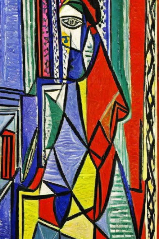 a painting of a woman sitting on a chair with a red umbrella, expressionism movement, matisse, picasso style, cubist picasso, cubism and / or romanticism, picasso masterpiece, cubism style, cubist, style of picasso, a woman, metzinger, expressionist, cubism, impressionism and expressionism, similar aesthetics to picasso, painted on a canvas cloth with fine brush movements up and down