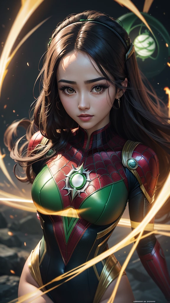 Sexy beautiful female superhero. portrait photography by artgerm, in the style of realism, glistening skin, cartooncore, mangacore, natural lighting, Defined full lips. fitness feminine body (Hyper Girl)