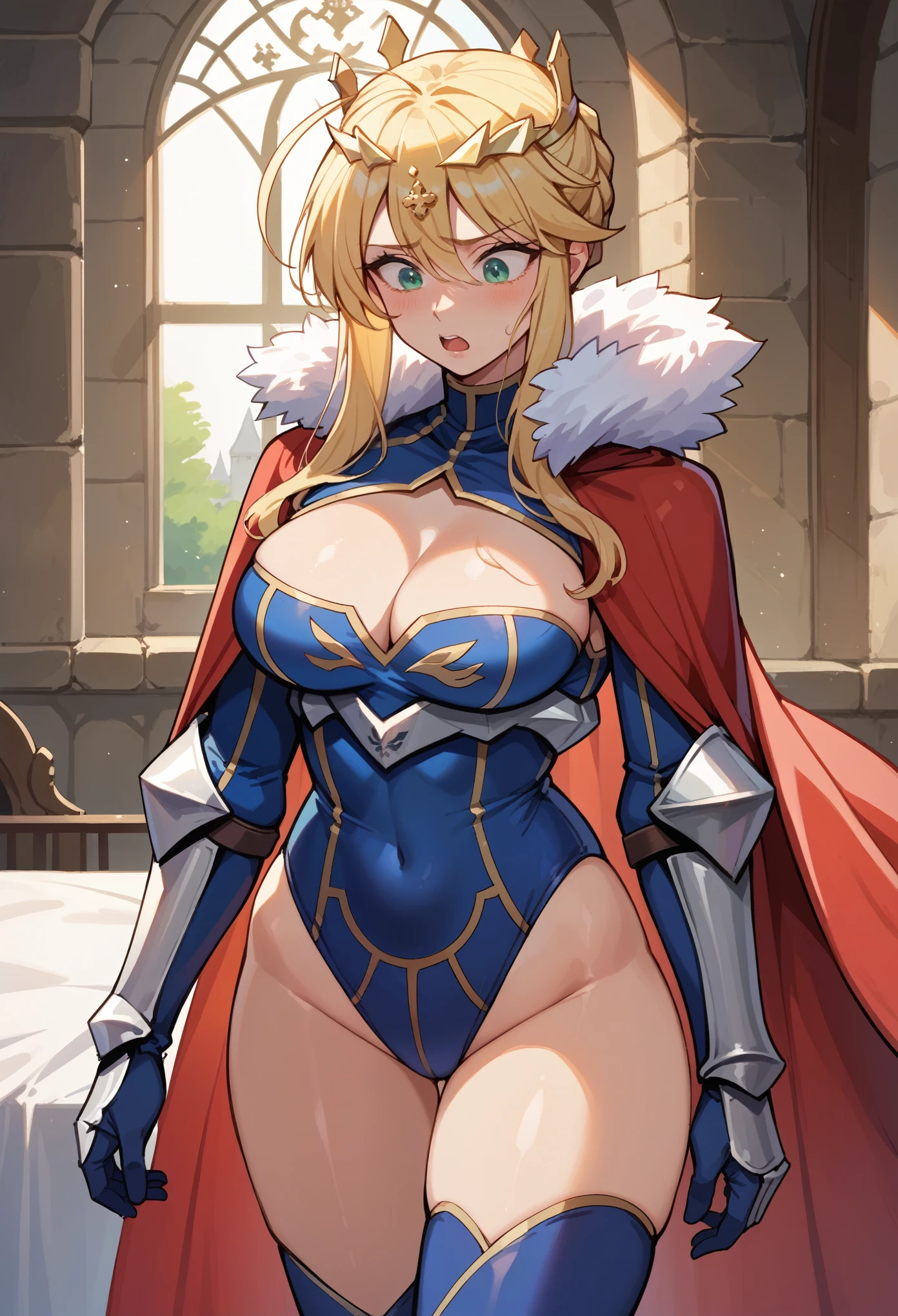 score_9, score_8_up, score_7_up, 1girl, solo, teenager, teen, 1, artoLance, swept bangs, ahoge, blonde hair, green eyes, french braid, short hair, medium breasts, crown, blue leotard, sleeveless, cleavage cutout, elbow gloves, blue gloves, blue thighhighsred cape, fur trim, red cape, long cape, gauntlets, armor, underbust, standing, shocked, shaking, cowboy shot, looking down, looking herself, medieval castle, inside a castle,