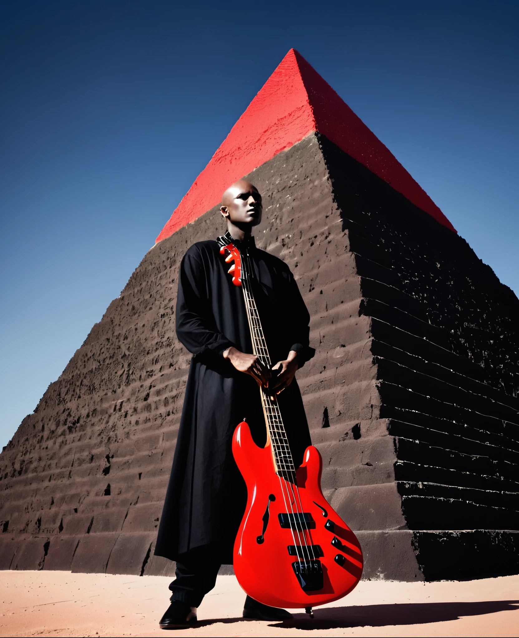 High-contrast, artistic photograph featuring a person with dark skin and a bald head, standing against a vibrant red, textured pyramid structure. The individual is dressed in a long, black garment and is holding an electric bass guitar. The lighting creates dramatic shadows, emphasizing the contours of the subject and the geometric shape of the pyramid. The sky in the background is a clear blue, providing a stark contrast to the red and black elements in the image. The overall composition is striking and visually compelling, with a strong focus on color and form.