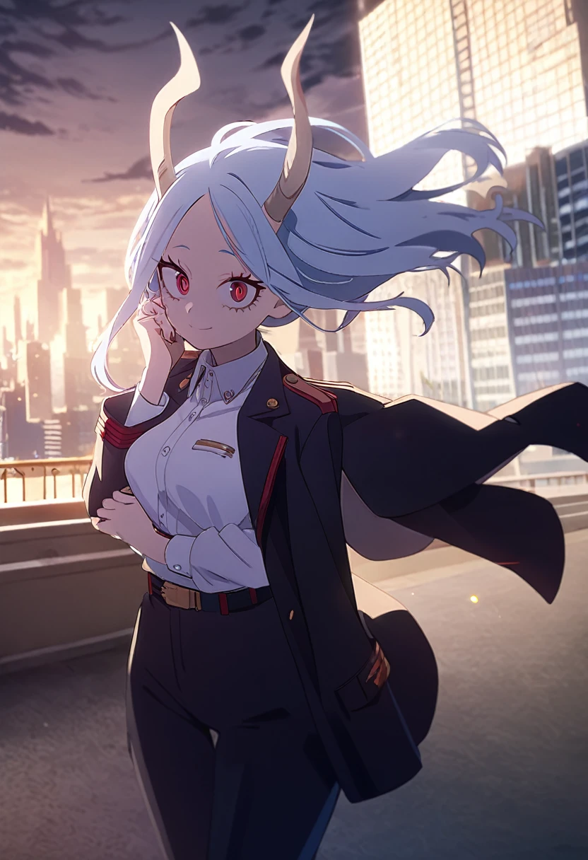 1girl, eri (my hero academia), blue hair in messy bangs, large red eyes, goat horn on right forehead, 110cm tall, wearing white blouse, black business suit jacket on shoulders, black pants, black high heels, blue bikini top, blue bikini bottom, formal, hand on chin, looking up at viewer, light smile, medium breasts, braids in pigtails, fingernails painted red, outdoor setting with cityscape in Include a few strands of her messy blue bangs falling across her face, framing her innocent-looking yet slightly mischievous red eyes Her white blouse is buttoned up to the collar, but the jacket is slung over her shoulders, giving a sense of informality to her otherwise professional attire The blue bikini top underneath is barely visible, peeking out from under the jacket collar, adding a touch of naughtiness to the overall scene Her black high heels make her look even smaller and more vulnerable against the urban backdrop, highlighting her childlike appearance