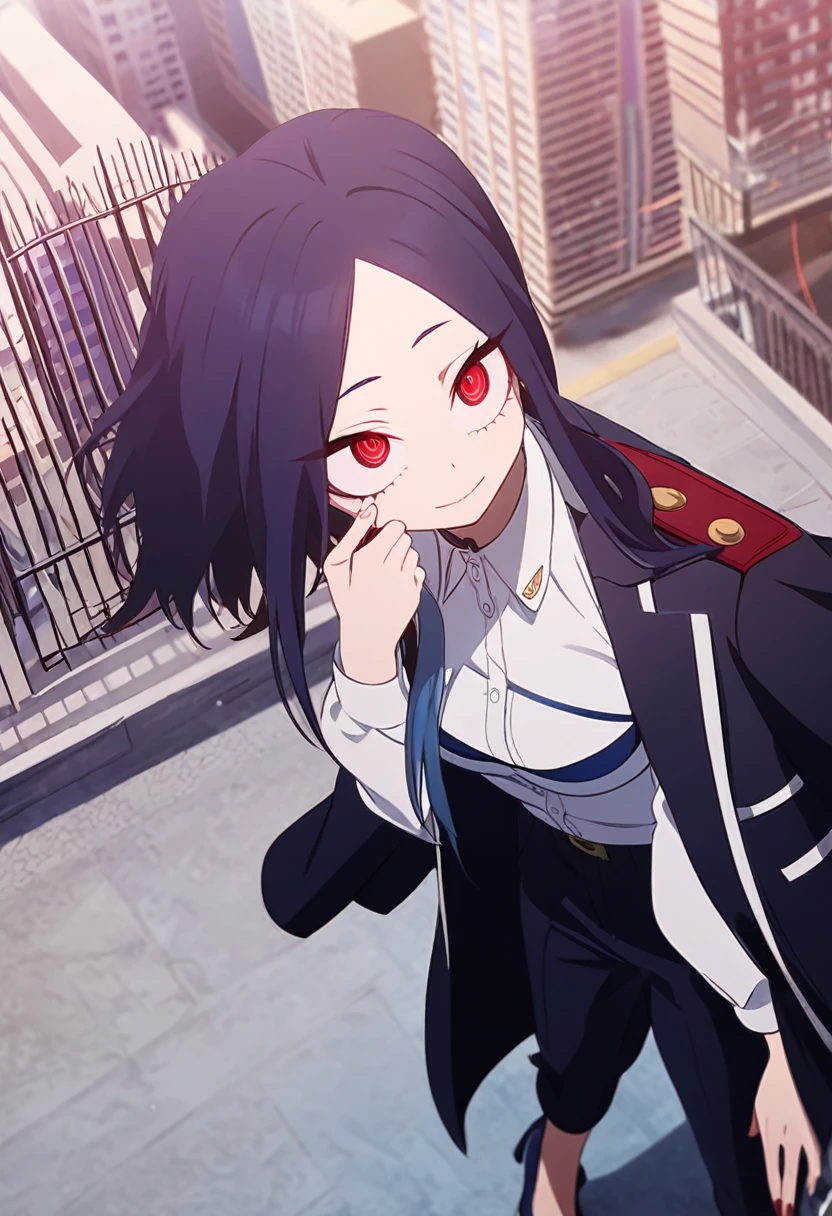 1girl, eri (my hero academia), blue hair in messy bangs, large red eyes, goat horn on right forehead, 110cm tall, wearing white blouse, black business suit jacket on shoulders, black pants, black high heels, blue bikini top, blue bikini bottom, formal, hand on chin, looking up at viewer, light smile, medium breasts, braids in pigtails, fingernails painted red, outdoor setting with cityscape in Include a few strands of her messy blue bangs falling across her face, framing her innocent-looking yet slightly mischievous red eyes Her white blouse is buttoned up to the collar, but the jacket is slung over her shoulders, giving a sense of informality to her otherwise professional attire The blue bikini top underneath is barely visible, peeking out from under the jacket collar, adding a touch of naughtiness to the overall scene Her black high heels make her look even smaller and more vulnerable against the urban backdrop, highlighting her childlike appearance