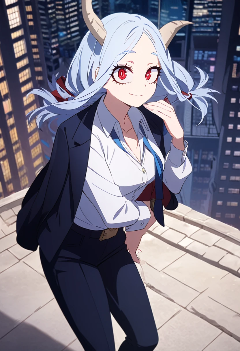 1girl, eri (my hero academia), blue hair in messy bangs, large red eyes, goat horn on right forehead, 110cm tall, wearing white blouse, black business suit jacket on shoulders, black pants, black high heels, blue bikini top, blue bikini bottom, formal, hand on chin, looking up at viewer, light smile, medium breasts, braids in pigtails, fingernails painted red, outdoor setting with cityscape in Include a few strands of her messy blue bangs falling across her face, framing her innocent-looking yet slightly mischievous red eyes Her white blouse is buttoned up to the collar, but the jacket is slung over her shoulders, giving a sense of informality to her otherwise professional attire The blue bikini top underneath is barely visible, peeking out from under the jacket collar, adding a touch of naughtiness to the overall scene Her black high heels make her look even smaller and more vulnerable against the urban backdrop, highlighting her childlike appearance