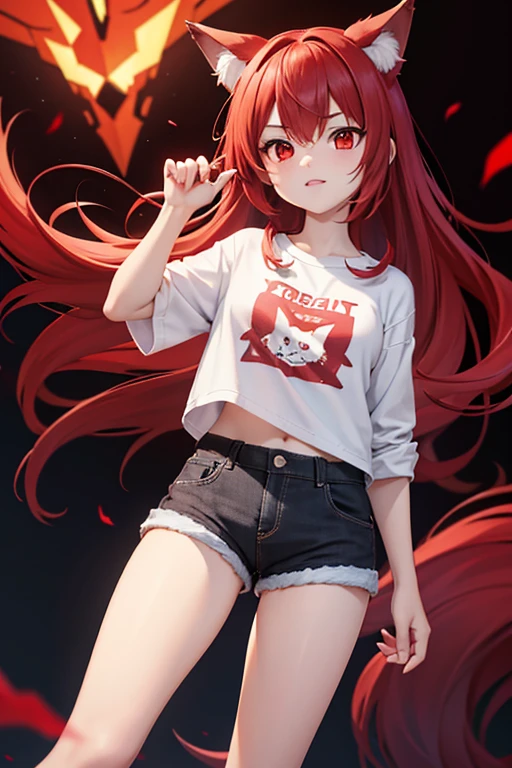 wolf demi-human with short shorts a shirt that showes her stumic she has red hair red eyes we are in a world were everyone has a power