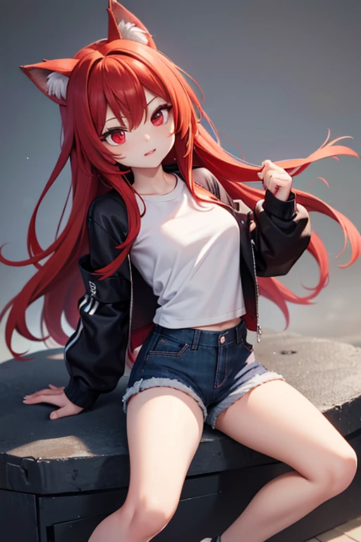 wolf demi-human with short shorts a shirt that showes her stumic she has red hair red eyes we are in a world were everyone has a power