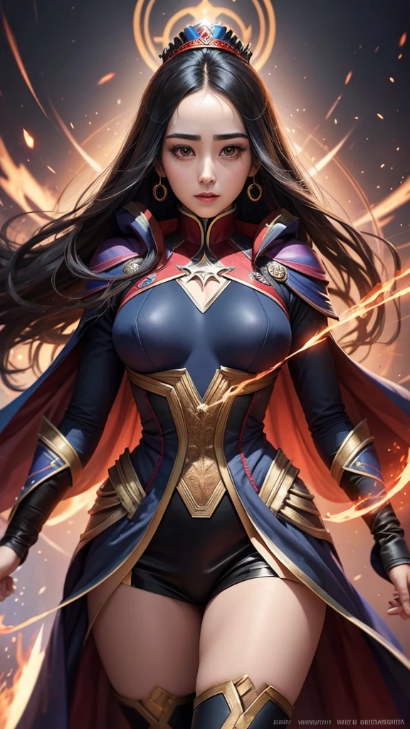 Depict Kai'Sa from League of Legends in her Battle Queen skin, dressed in regal,massive k-cups, battle-ready attire with intricate details and a majestic cape. Show her casting her Supercharge ability, enveloping herself in a whirlwind of energy as she gains increased movement speed.