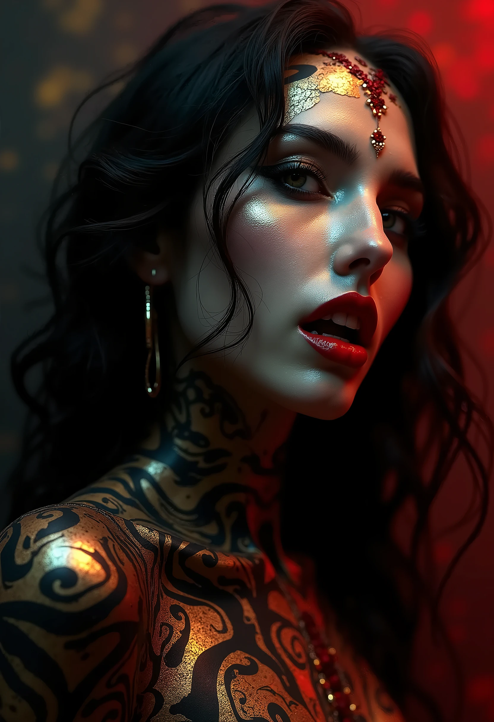 A real photo in raw, a beautiful 36-year-old latina Brunette, luminous, tattoos, orange neon rim lights, neon signs, glowing lights, huge breasts, wet skin, beautiful face, harmonic face, best quality, sexy look, , naked, nudity, bare chest,