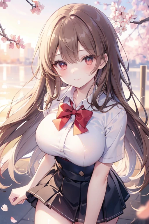 masterpiece, best quality, ultra detailed, detailed eyes, sparkling eyes, (((nsfw, large breasts, cleavage))), 1girl, single, solo, beautiful anime girl, beautiful art style, anime character, long hair, bangs, brown hair, curly hair, green eyes, beautiful eyelashes, look at viewer, portrait, ((red bowtie, school uniform, white shirt, long sleeve, black skirt, plaid skirt)), smile, open mouth, happy, amusement park,