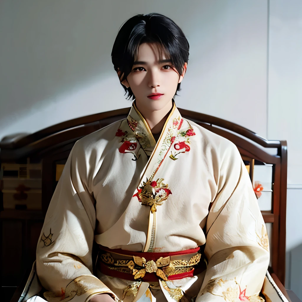 (Perfect details: 1.5, 8K wallpaper, masterpiece, Best quality, ultra detailed) man, emperor, Delicate facial features, Asian face, short black hair, Great hair, tied hair, Golden Silk Embroidered Dragon Mantle, Hanfu, Sitting on the dragon's chair, Hands on head, palace background, ancient golden emperor crown((whole body))((King sitting on a chair))