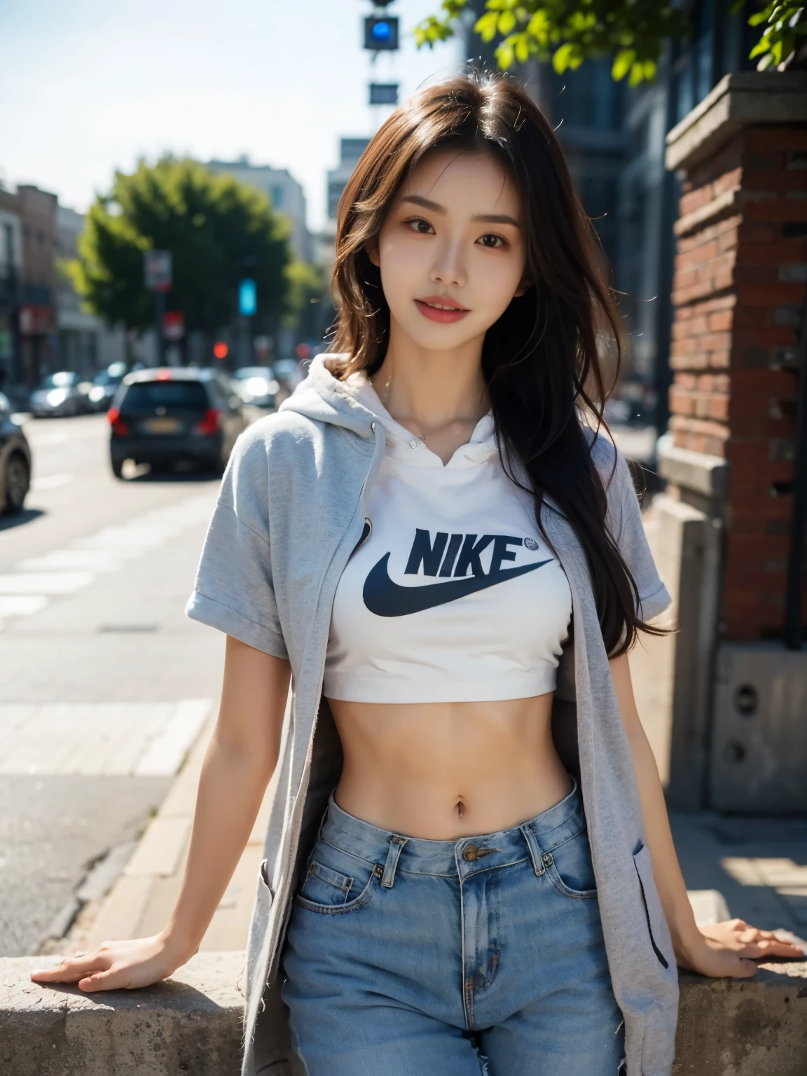 misakiai, tiny breasts, (K-pop style woman), (Realistic image), Korean beauty, long wavy black hair, back wall made of bricks, wearing a black windproof parka with the hood up, black Nike Jordan short sleeve hoodie underneath, navy blue mini skirt, white sneakers, 1 girl, slightly open mouth, (best quality: 1.4), (ultra-detailed: 1.3), photorealistic skin texture, cinematic lighting, stylish and modern streetwear look, soft lighting highlighting her hair and facial features, relaxed and confident pose, urban setting, ultra-realistic, high-resolution, capturing the perfect balance between elegance and casual street style, soft shadows and detailed textures, perfect blend of fashion and realism, full-body shot
