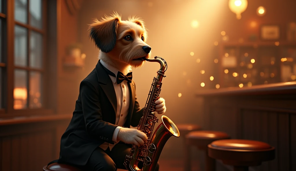 Pug playing saxophone in a jazz style