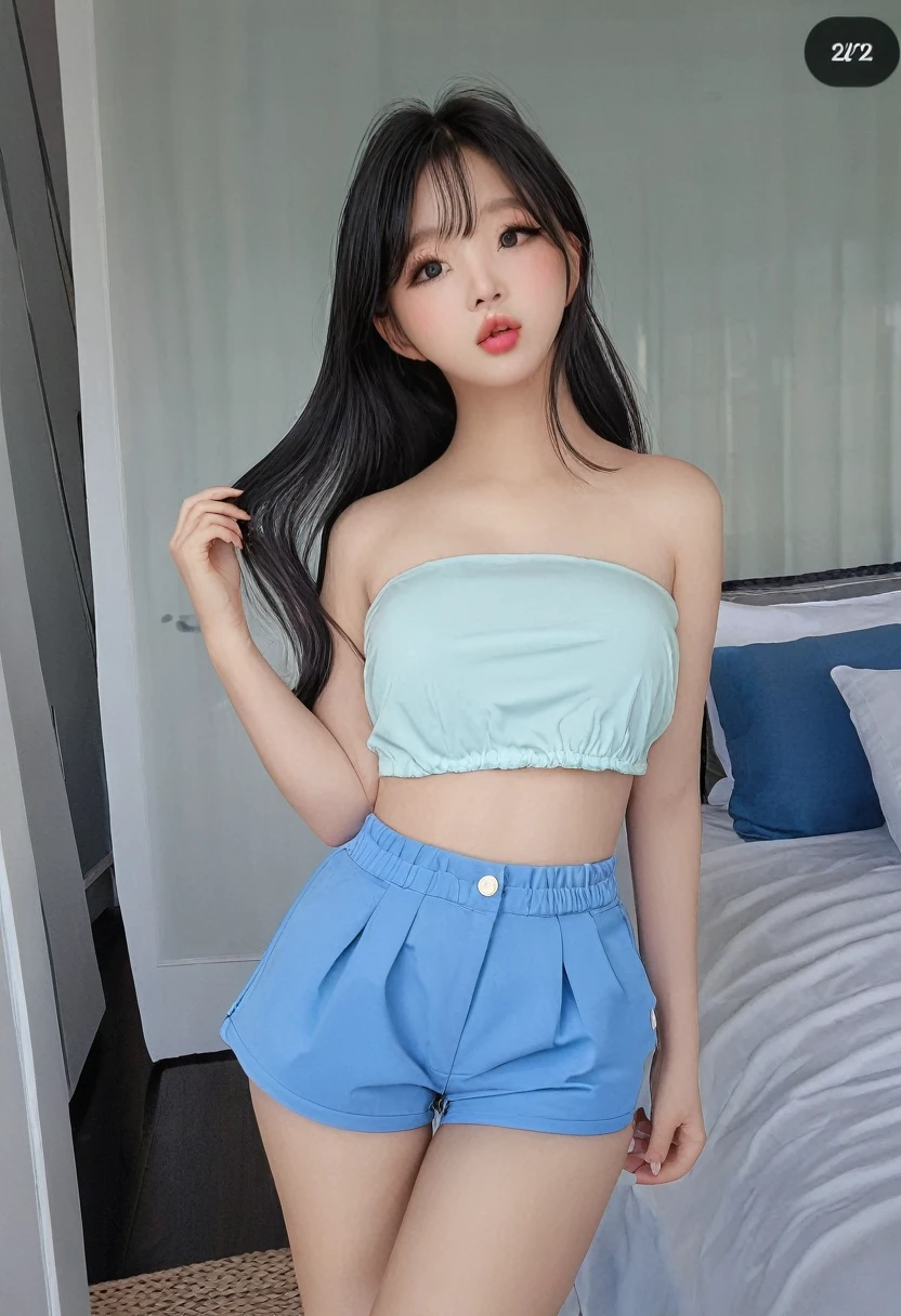 ((high quality:1.2)), work of art, (8k), extremely detailed, ((High detail:1.2)), ((best resolution:1.4)), Solo, 1girl, 24 years old Korean Ulzzang female, ((cropped strapless, mini-shorts)),