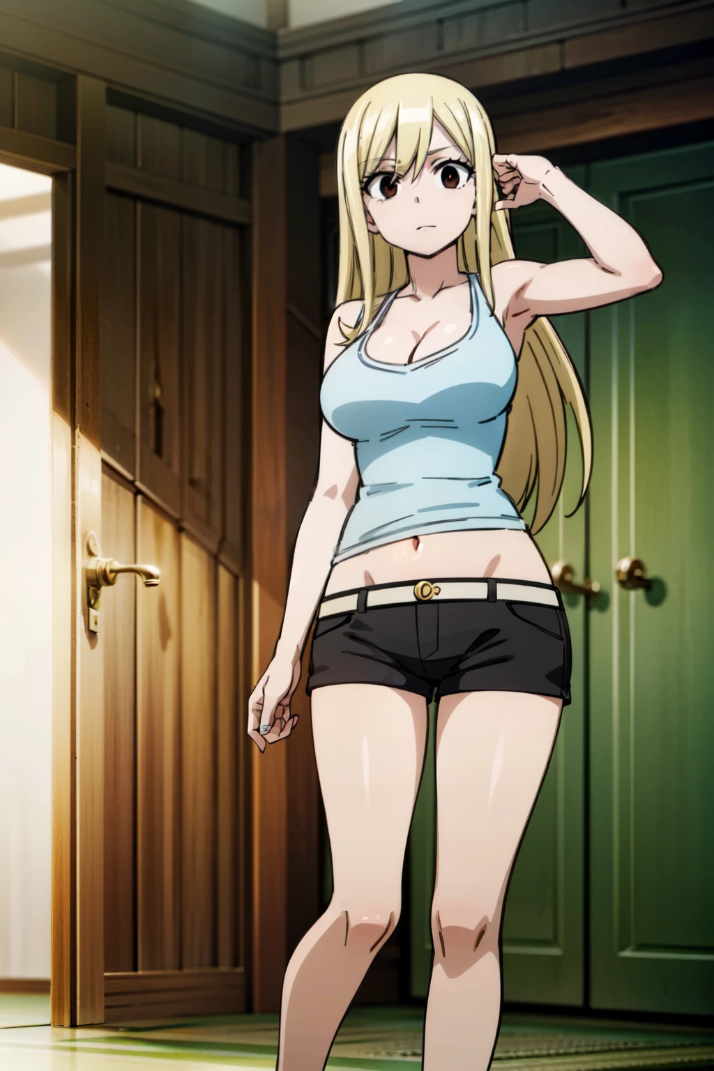 ((Masterpiece)),(The best quality), official art, Extremely detailed CG, 8k desktop wallpaper, ultra detailed, detailed eyes, bright eyes, Good body composition, 1girl, armpits, baRe arms, bare legs , bare shoulders, belly, blonde hair, breasts, Brown eyes, cleavage, Large breasts, long hair, navel, short shorts, shorts, Alone, tank top