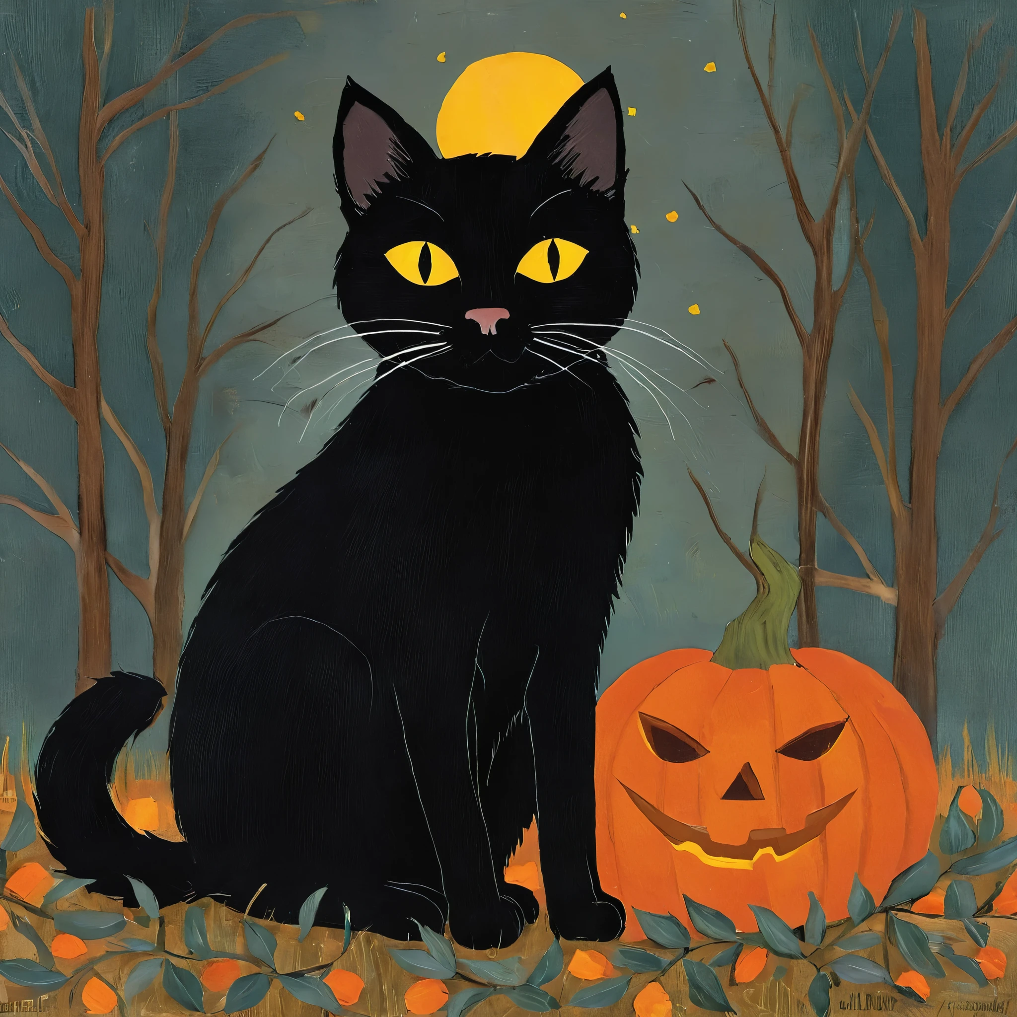black cat folk-art Halloween wall art