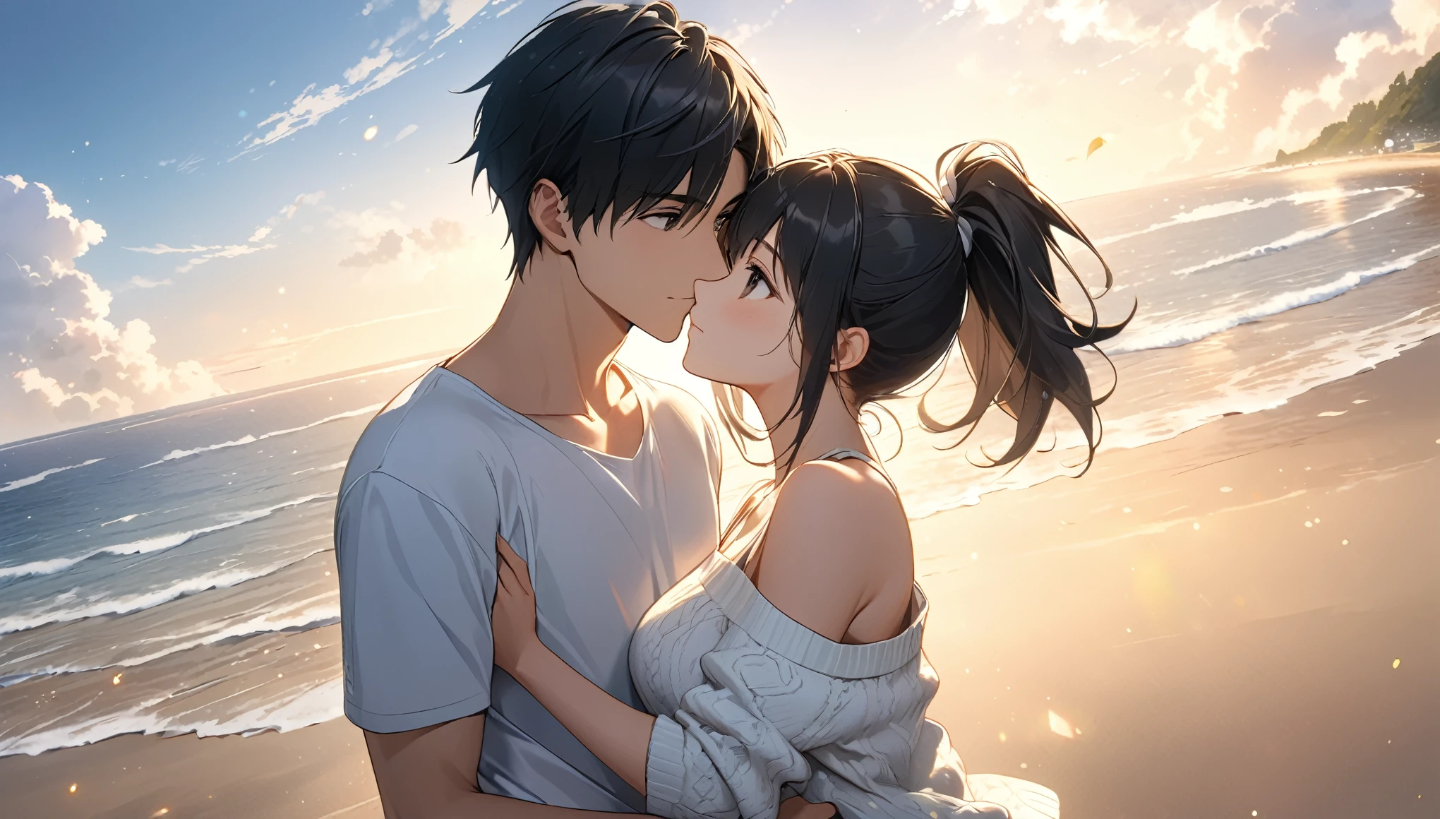 (best quality,4k,highres,masterpiece:1.2),anime style,in the sky,above the sea,two open eyes,detailed eyes,during sunset,smiling,masterpiece, detailed face, good anatomy, highlights, vibrant colors.