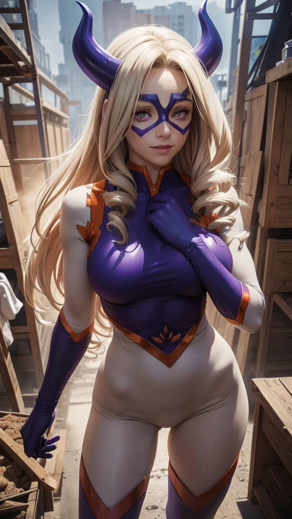 Realistic 1.2, Mount Lady, ((cowboy shot)), woman 30 years old, athletic body, Beautiful face, perfect, white skin, Standing, modeling, looking at the viewer, purple eyes, blonde hair, long hair, bodysuit, Purple swimsuit, (Bodys:1), white sleeves, Purple long gloves, high leg necklace, purple horns, Domino Mask, bodysuit, Pele firm, superhero, gloves, smile, [My Hero Academia], (Computer Generated Images) e VFX (Visual Effect) highlights the intricate anatomical features in a perfect way. sfx, complement visual art, The level of detail is inspiring, with intricate elements meticulously crafted, Volumetric effects add depth and dimension, and the photorealism is unmatched. The image is rendered in 8K resolution, ensuring super detailed visuals. Volumetric lightning adds a touch of magic, highlighting your beauty and aura in a supernatural way. A tecnologia High Dynamic Range (HDR) makes the cores stand out, adding richness to the overall composition. Finally, this art presents an unreal portrait.