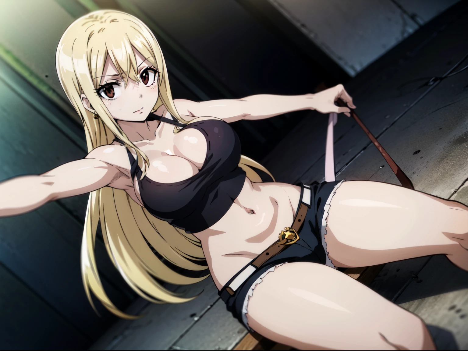 ((Masterpiece)),(The best quality), official art, Extremely detailed CG, 8k desktop wallpaper, ultra detailed, detailed eyes, bright eyes, Good body composition, 1girl, armpits, baRe arms, bare legs , bare shoulders, belly, blonde hair, breasts, Brown eyes, cleavage, Large breasts, long hair, navel, short shorts, shorts, Alone, tank top, watching the viewer