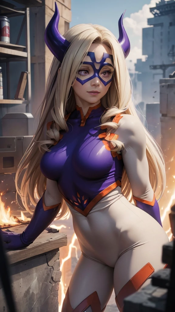 heroic pose, Realistic 1.2, Mount Lady, ((cowboy shot)), woman 30 years old, athletic body, Beautiful face, perfect, white skin, Standing, modeling, looking at the viewer, purple eyes, blonde hair, long hair, bodysuit, Purple swimsuit, (Bodys:1), white sleeves, Purple long gloves, high leg necklace, purple horns, Domino Mask, bodysuit, Pele firm, superhero, gloves, smile, [My Hero Academia], (Computer Generated Images) e VFX (Visual Effect) highlights the intricate anatomical features in a perfect way. sfx, complement visual art, The level of detail is inspiring, with intricate elements meticulously crafted, Volumetric effects add depth and dimension, and the photorealism is unmatched. The image is rendered in 8K resolution, ensuring super detailed visuals. Volumetric lightning adds a touch of magic, highlighting your beauty and aura in a supernatural way. A tecnologia High Dynamic Range (HDR) makes the cores stand out, adding richness to the overall composition. Finally, this art presents an unreal portrait.