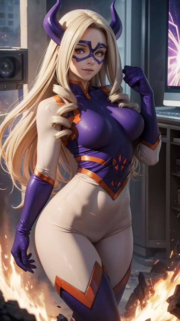 heroic pose, Realistic 1.2, Mount Lady, ((cowboy shot)), athletic body, Beautiful face, perfect, white skin, Standing, modeling, looking at the viewer, purple eyes, blonde hair, long hair, bodysuit, Purple swimsuit, (Bodys:1), white sleeves, Purple long gloves, high leg necklace, purple horns, Domino Mask, bodysuit, Pele firm, superhero, gloves, smile, [My Hero Academia], (Computer Generated Images) e VFX (Visual Effect) highlights the intricate anatomical features in a perfect way. sfx, complement visual art, The level of detail is inspiring, with intricate elements meticulously crafted, Volumetric effects add depth and dimension, and the photorealism is unmatched. The image is rendered in 8K resolution, ensuring super detailed visuals. Volumetric lightning adds a touch of magic, highlighting your beauty and aura in a supernatural way. A tecnologia High Dynamic Range (HDR) makes the cores stand out, adding richness to the overall composition. Finally, this art presents an unreal portrait.