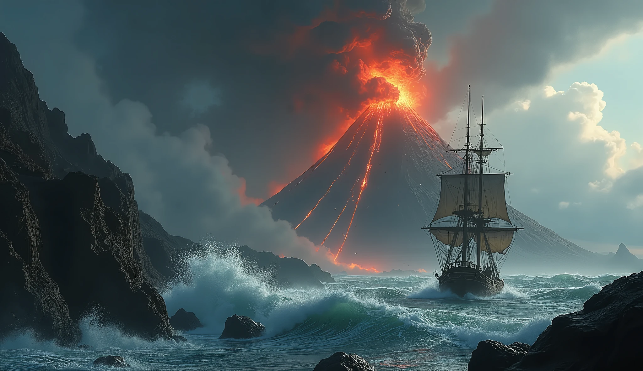 A volcano blazing on an island looming over a raging ocean that illuminates a sailing ship sailing in storm waves, oil paintings by Greg Rutkowski, John Collier, Albert Auble, Krenz Kushart, Artem Demura and Alphonse Mucha, epic fantasy, magical collective art, volumetric lighting, beautifully detailed render with 8k octane, post-processing, extremely hyper-detailed, complex, Epic composition, dark but sparkling atmosphere, cinematic lighting + masterpiece, trend on ArtStation, very detailed, bright colors