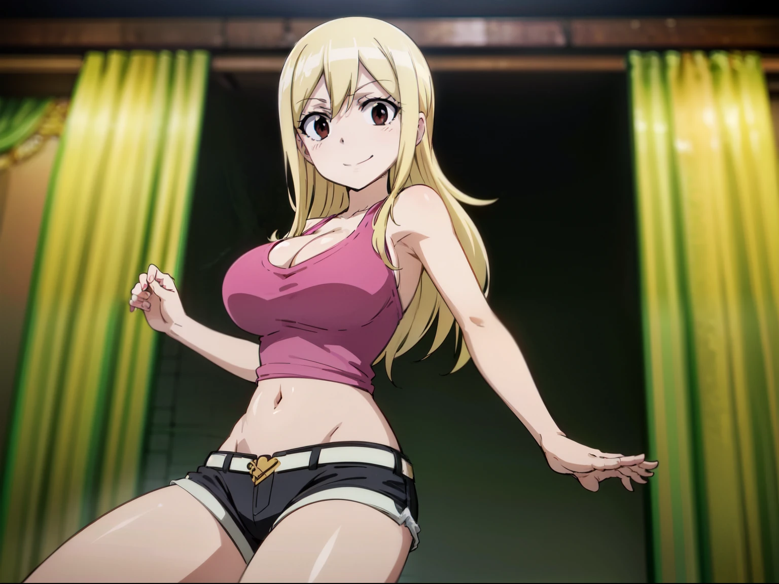 ((obra maestra)),(La mejor calidad), arte oficial, cg extremadamente detallado, fondo de pantalla de unidad 8k, Ultra detallado, ojos detallados, ojos brillantes, Buena composición corporal, 1girl, armpits, bare arms, bare legs , bare shoulders, belly, blonde hair, breasts, brown eyes, cleavage, large breasts, long hair, navel, short shorts,  shorts, solo, tank top, watching the viewer [smiling]