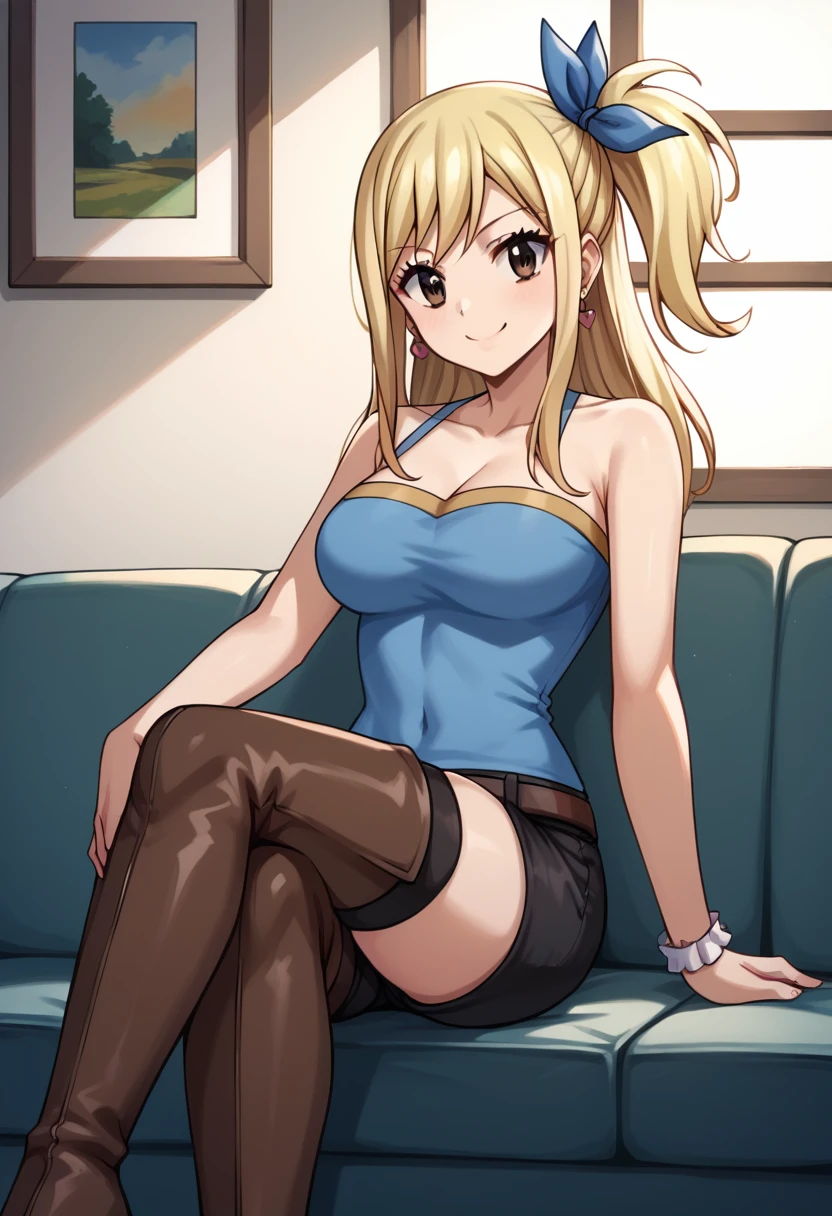 score_9, score_8_up, score_7_up, score_6_up, score_5_up, score_4_up, source_anime, 1girl,lucy heartfilia, smile, blonde hair, long hair, side ponytail, blue ribbon, brown eyes, middle breasts, earrings, thigh high boots, brown boots, blue shirt, black shorts, crossed legs, sit, sofa, room, best quality, best res, 4K UHD,
 