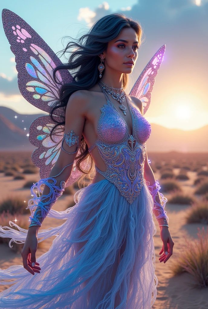 Backside view of an ethereal goddess of the night, a vibrant moth-winged black woman gracefully strolling through the mystical desert landscape. This mesmerizing image, reminiscent of an otherworldly album cover, exudes a captivating aestheticism. In the background, the barren desert is adorned with shimmering footprints, illuminated by a celestial glow that casts iridescent light upon them. As the moon and stars illuminate the night sky, the surreal photography captures the enchantment of this scene, transporting the viewer to a realm beyond imagination.
