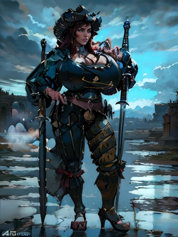 a woman with long red hair,huge breasts,holding a two-handed sword,standing next to her sword,character design,full body view,(best quality,4k,8k,highres,masterpiece:1.2),ultra-detailed,(realistic,photorealistic,photo-realistic:1.37),extremely detailed eyes and face,beautiful detailed lips,beautiful detailed eyes,longeyelashes,dynamic pose,fantasy,intricate details,dramatic lighting,cinematic,vivid colors,epic scale
