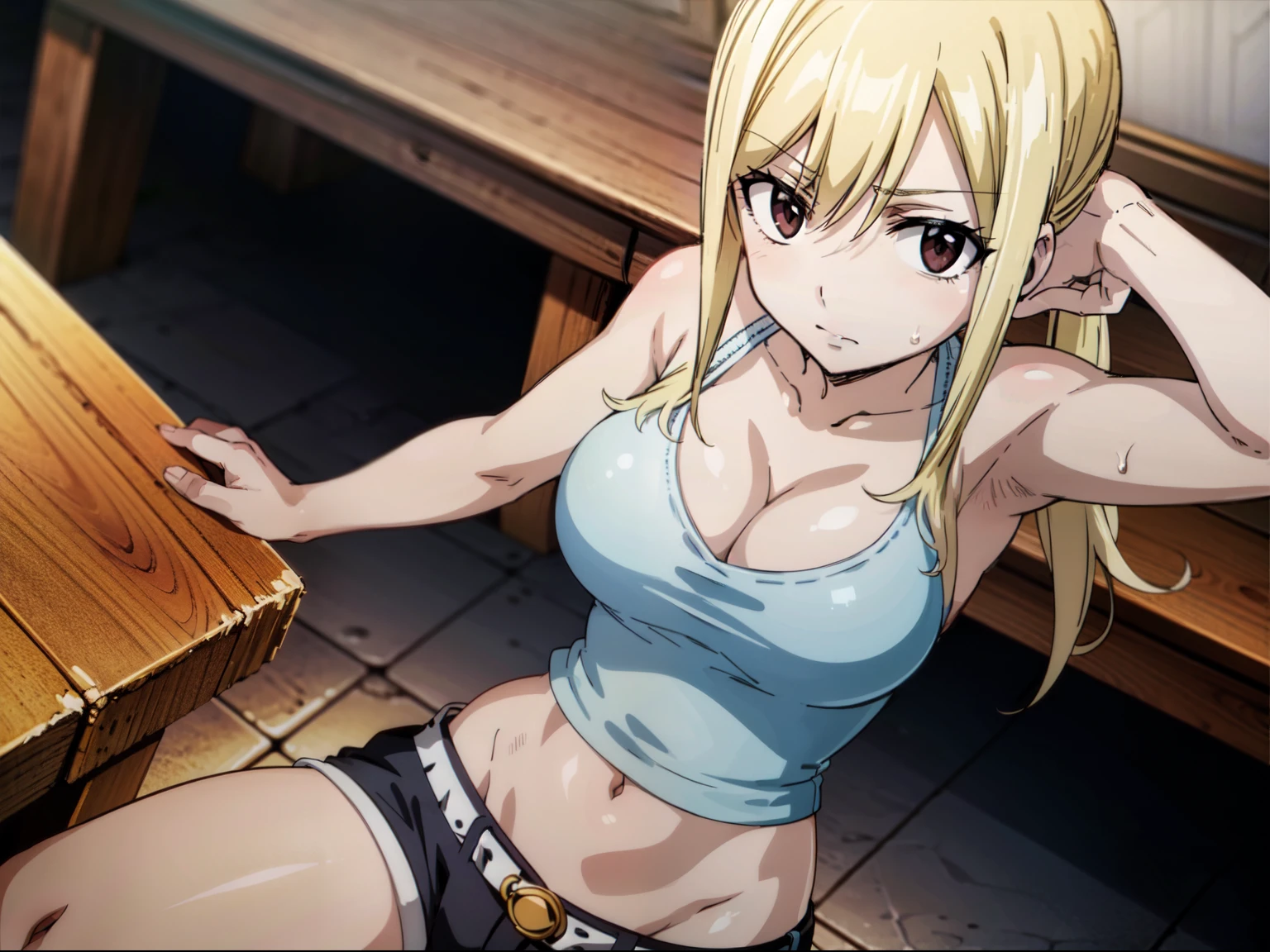 ((Masterpiece)),(The best quality), official art, Extremely detailed CG, 8k desktop wallpaper, ultra detailed, detailed eyes, bright eyes, Good body composition, 1girl, armpits, baRe arms, bare legs , bare shoulders, belly, blonde hair, breasts, Brown eyes, cleavage, Large breasts, long hair, navel, short shorts, shorts, Alone, tank top, watching the viewer, NSFW