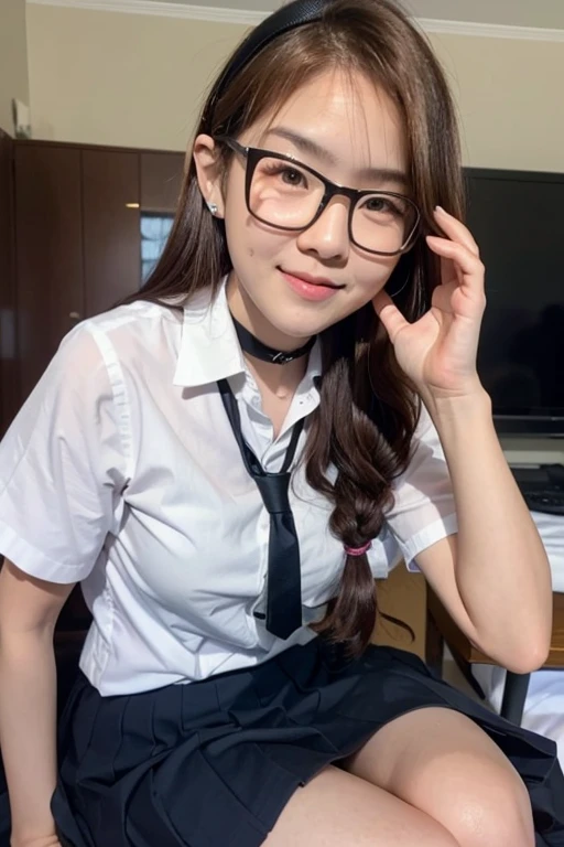 Korean Asian woman wearing glasses,Neckband gaming headphones,sitting on the bed, have glasses, Korean girl, แว่นตาthick, 1., 2, thick, 2, beautiful Asian girl, Asian girl, เด็กสาวและcute, have glasses on, phenomenon, cute, big glass, สาวแมวcuteมาก...,Japanese school uniform,braid,red hair,smooth